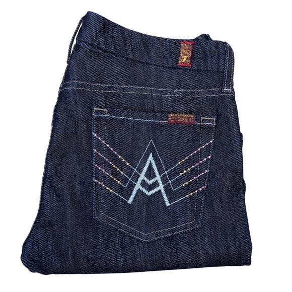 7 For All Mankind “A” Pocket Swarovski Crystals Flare Dark Blue Wash Jeans 29 - Picture 1 of 14